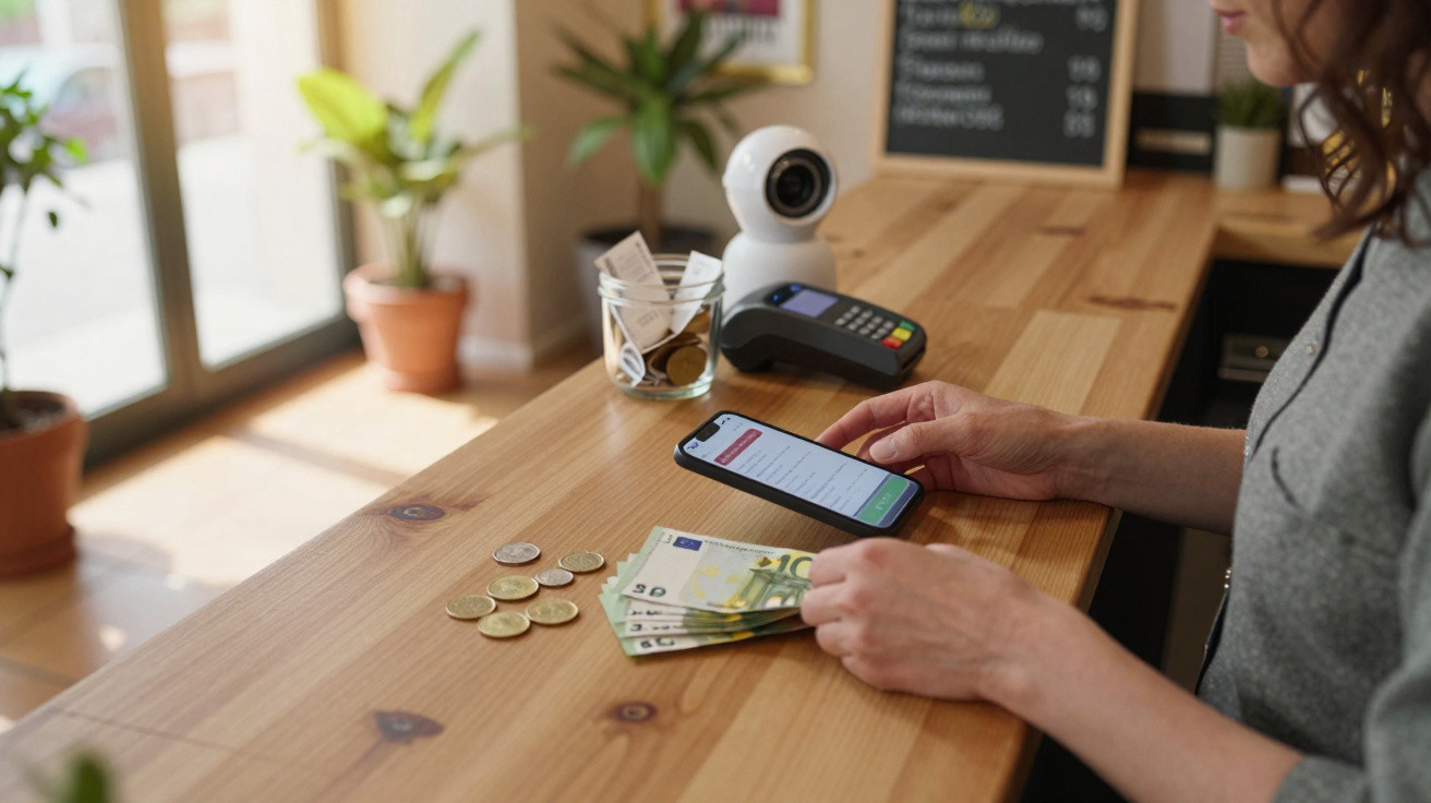 Person using a smartphone and counting euro notes and coins on a wooden counter in a bright shop.