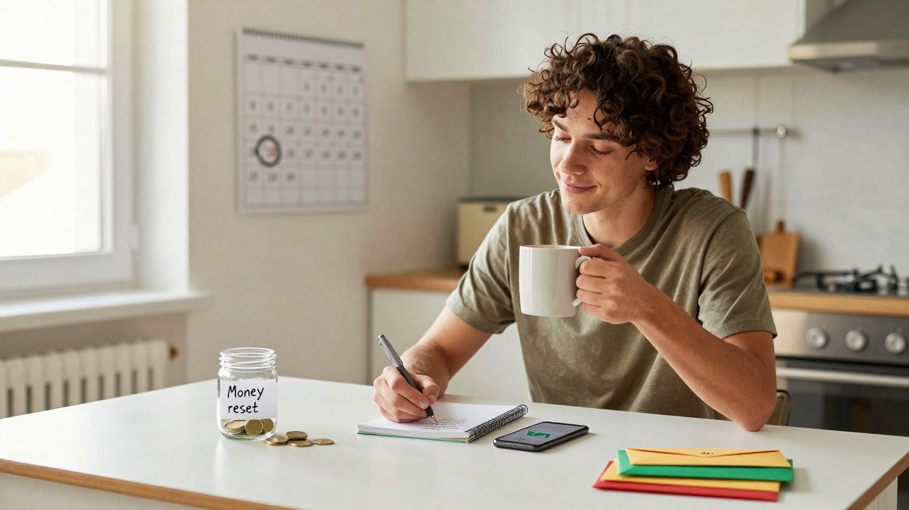 Young man with curly hair drinks coffee and writes in a notebook at kitchen table with a "Money reset" jar.