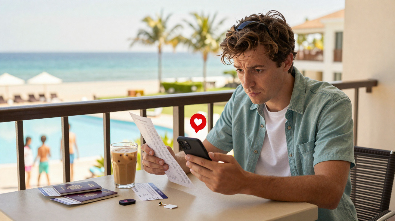 Young man sitting at outdoor table by pool, checking phone and holding paper in tropical resort setting.
