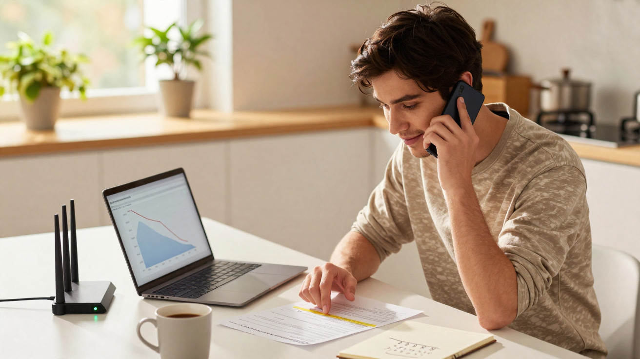 Young man talking on phone while reviewing documents at table with laptop and coffee mug in bright kitchen.