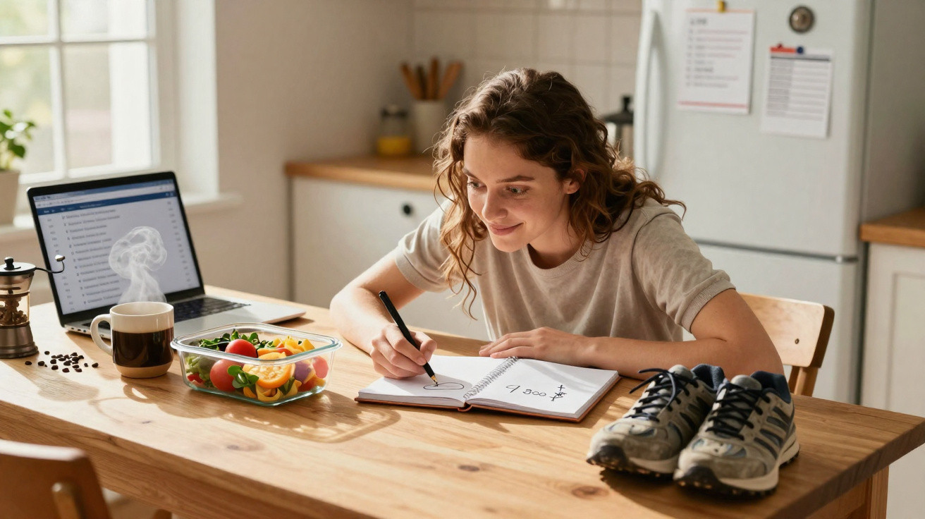 Young woman sitting at kitchen table, writing in notebook with salad, laptop, coffee, and running shoes nearby.