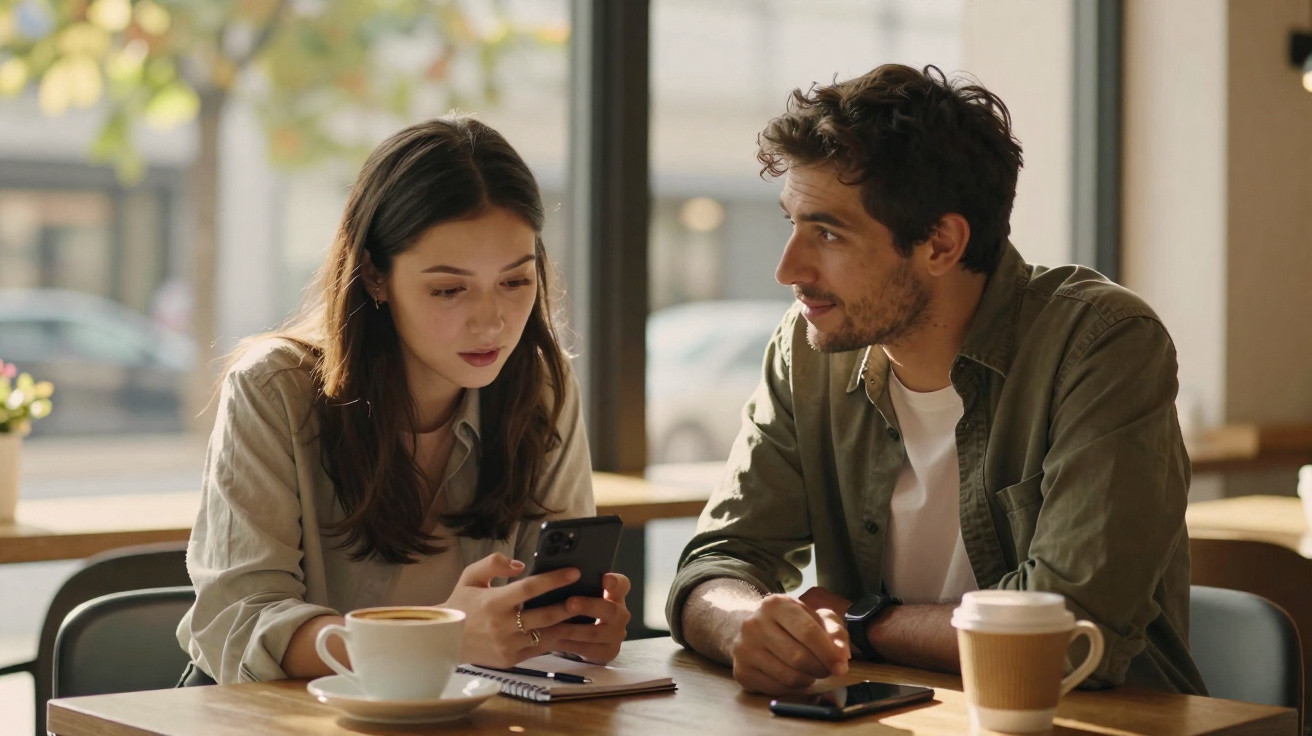 Two people sitting at a café table looking at a smartphone with coffee cups nearby.