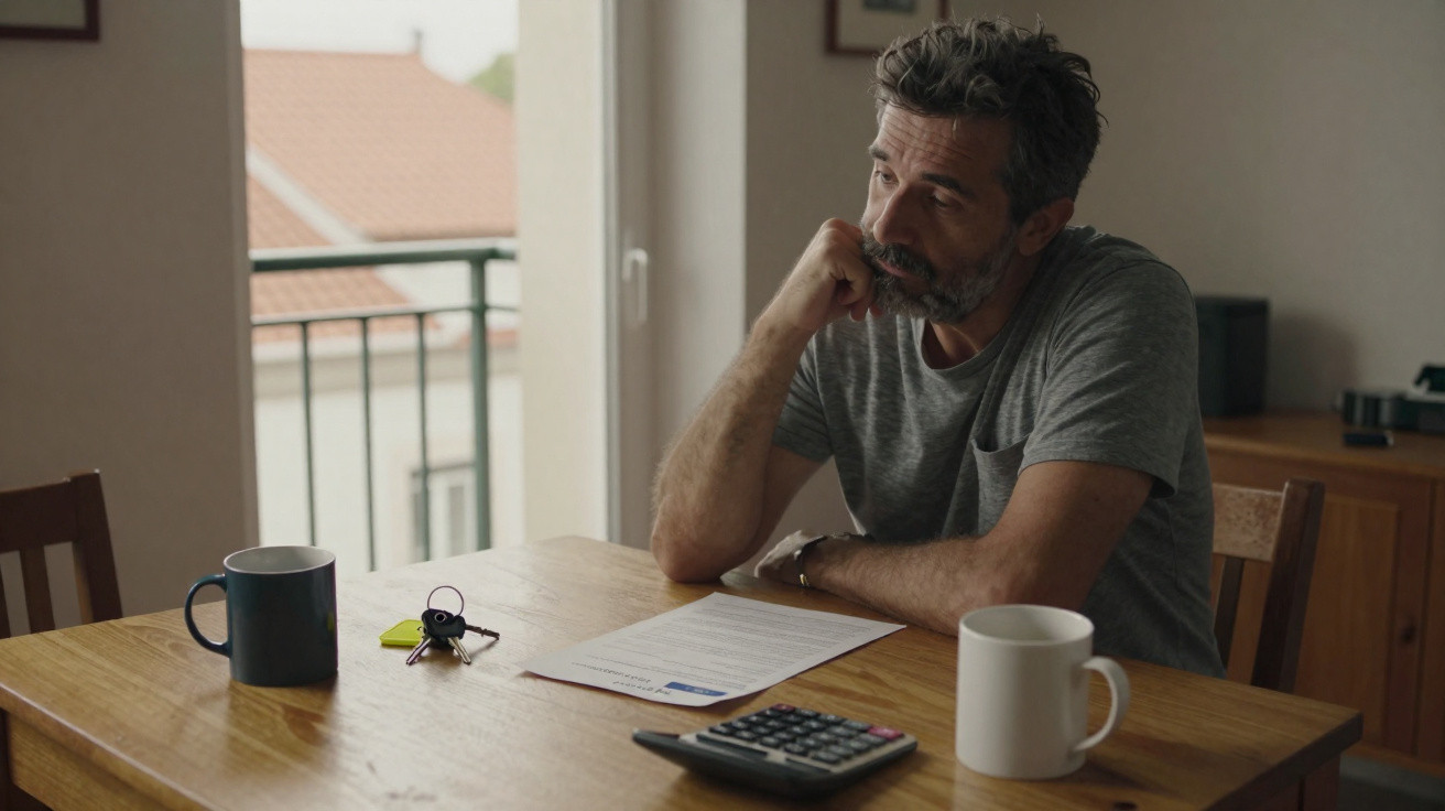 Middle-aged man in grey t-shirt sits at table with documents, keys, calculator, and mugs, looking thoughtful.
