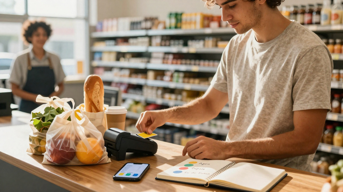 Young man paying with card at supermarket counter with groceries and open notebook nearby.