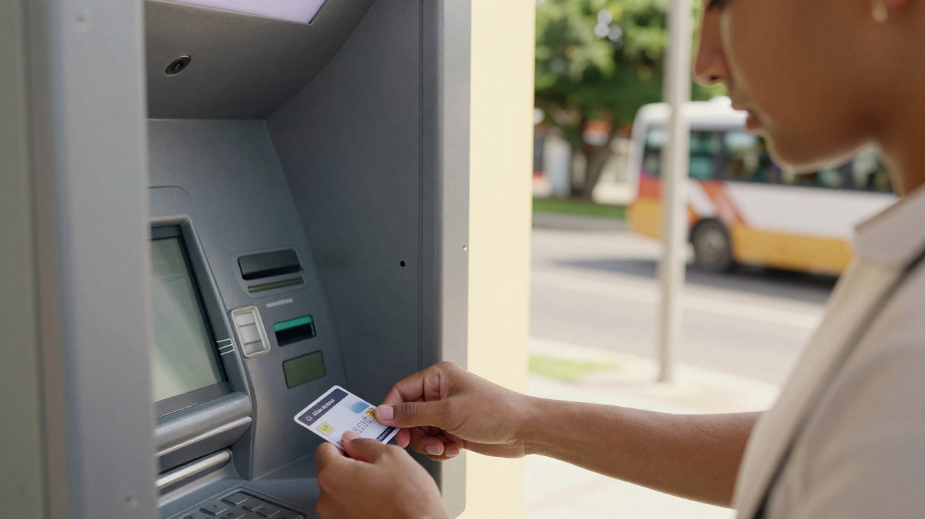 Person using a contactless card to make a transaction at an outdoor ATM machine on a sunny day.