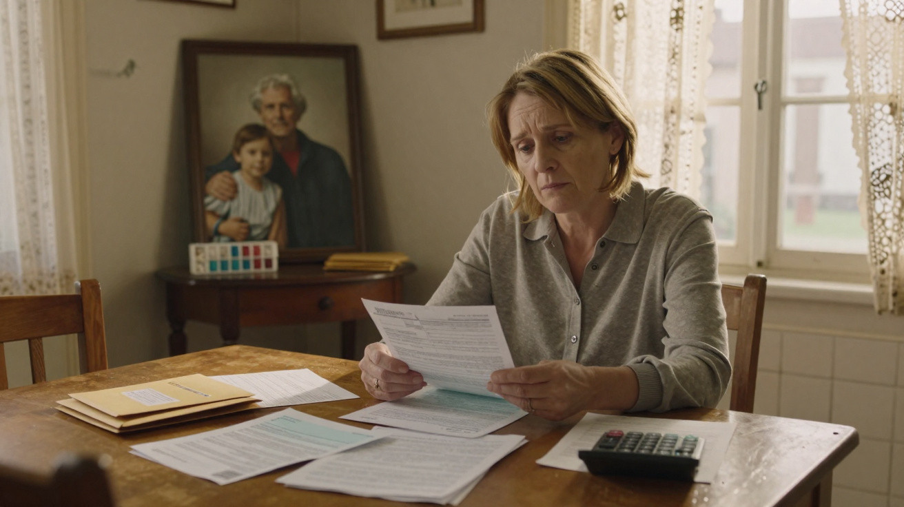 Middle-aged woman sitting at a wooden table reading documents with a calculator and family photo nearby