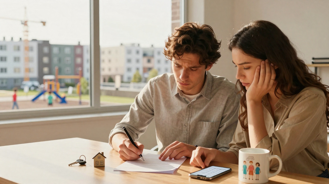 Young couple reviewing documents at a table with house keys, model home, and smartphone nearby.