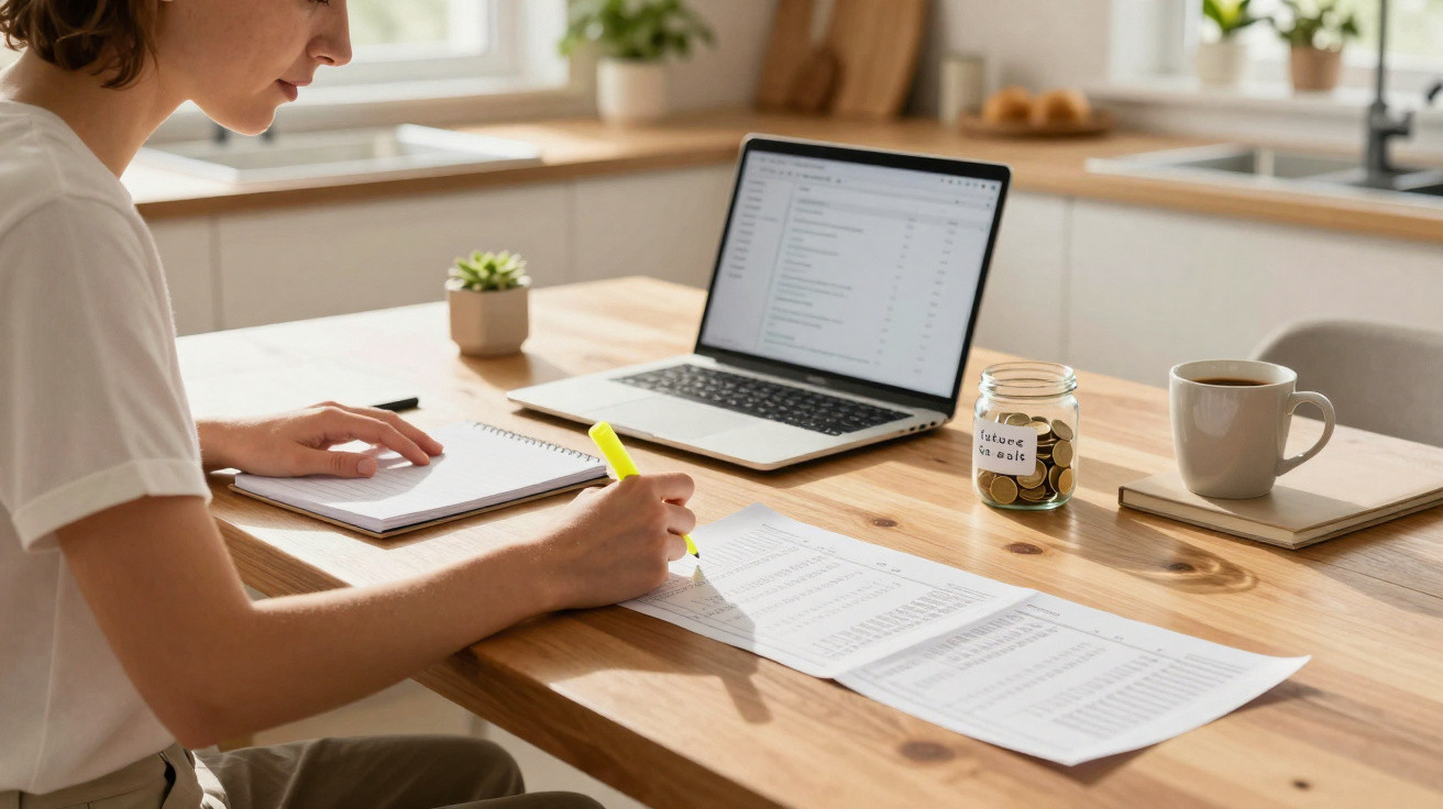 Person highlighting a document at a wooden table with a laptop, notebook, plant, coffee mug, and coin jar labeled Savings.