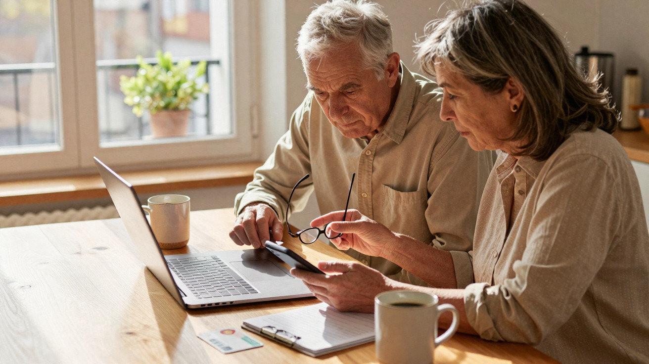 Older couple sitting at a table using a laptop and smartphone, discussing something together.