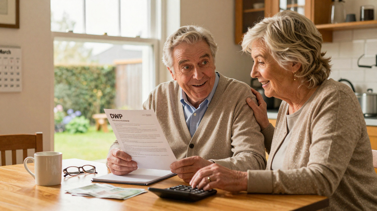 Elderly couple sitting at kitchen table, reviewing paperwork and using a calculator together, smiling.