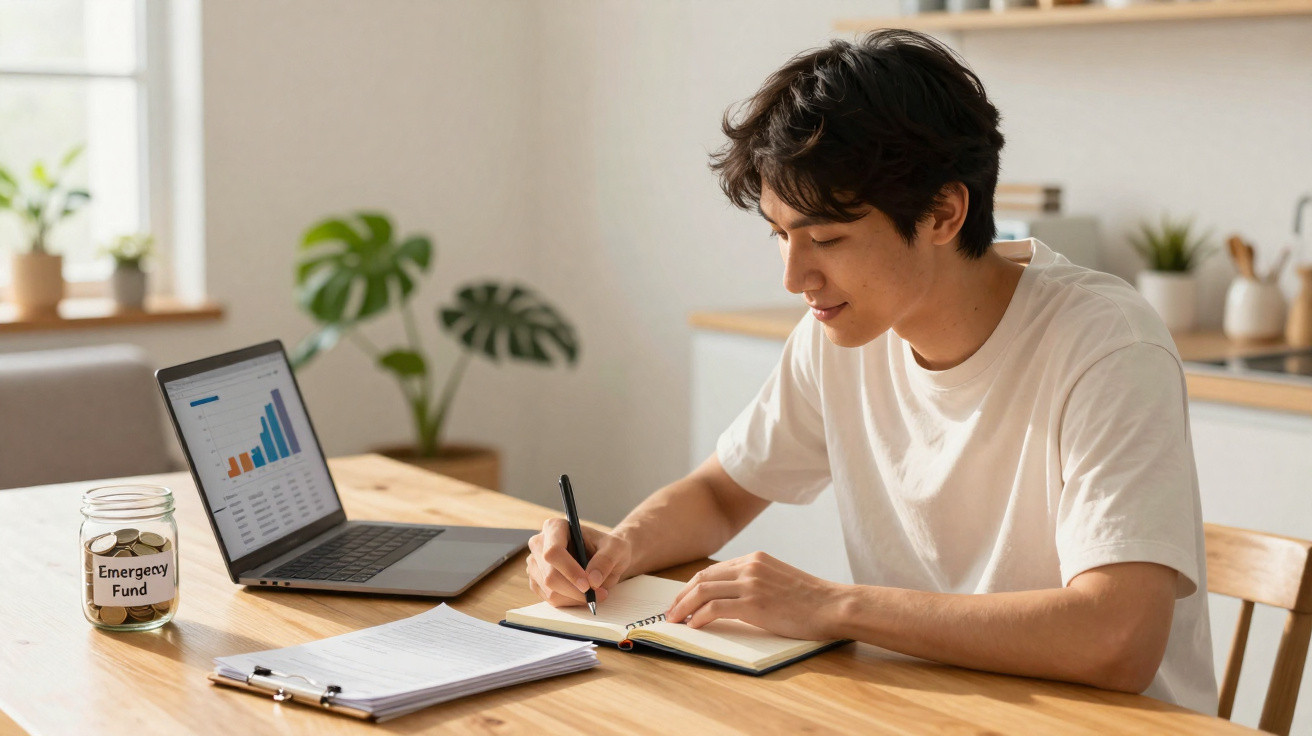 Young man writing in notebook at table with laptop showing financial graph and emergency fund jar.