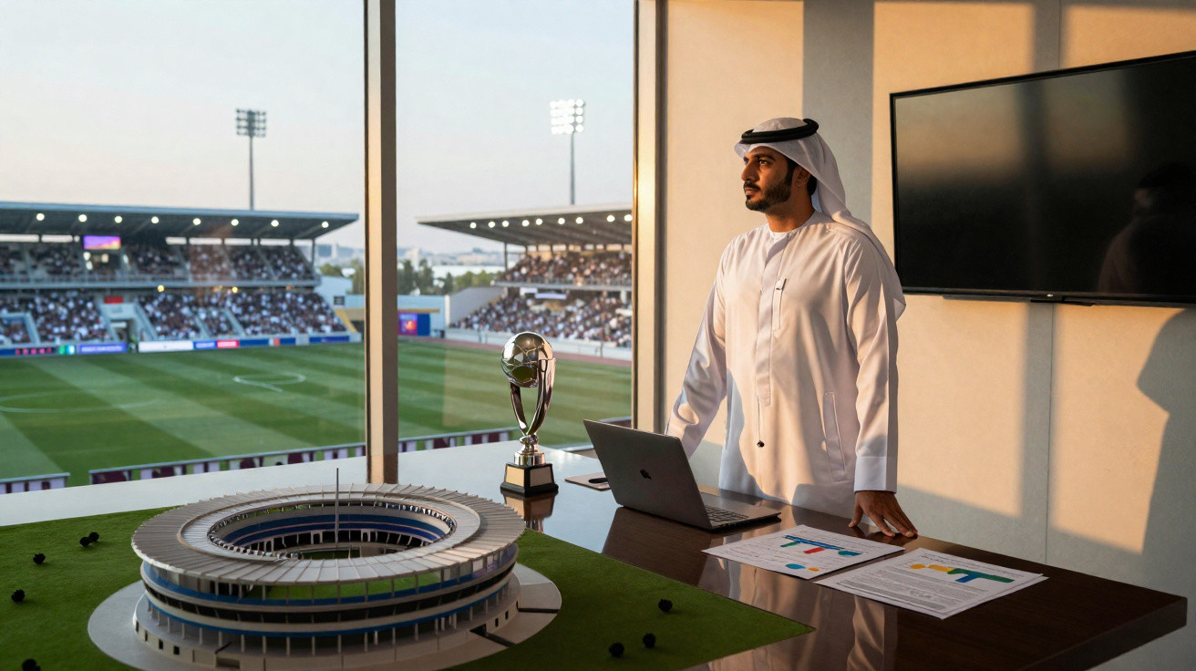 Man in traditional Middle Eastern attire standing by a desk with a laptop, trophy, and stadium model overlooking a football s