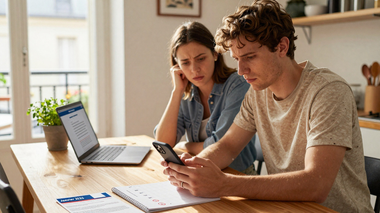 Young couple looking concerned while checking a phone at a wooden table with laptop and calendar.