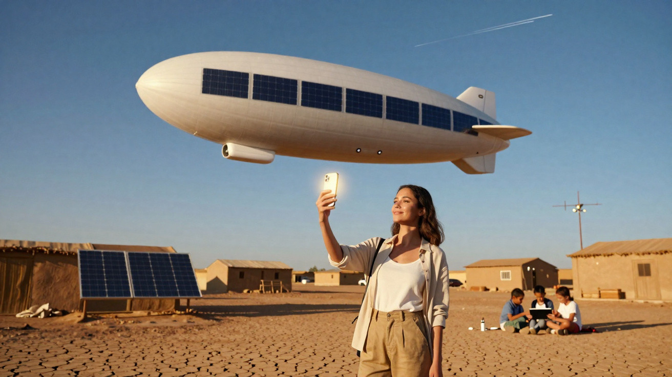 Woman taking a selfie in a desert village with a solar-powered airship flying overhead and children playing nearby.