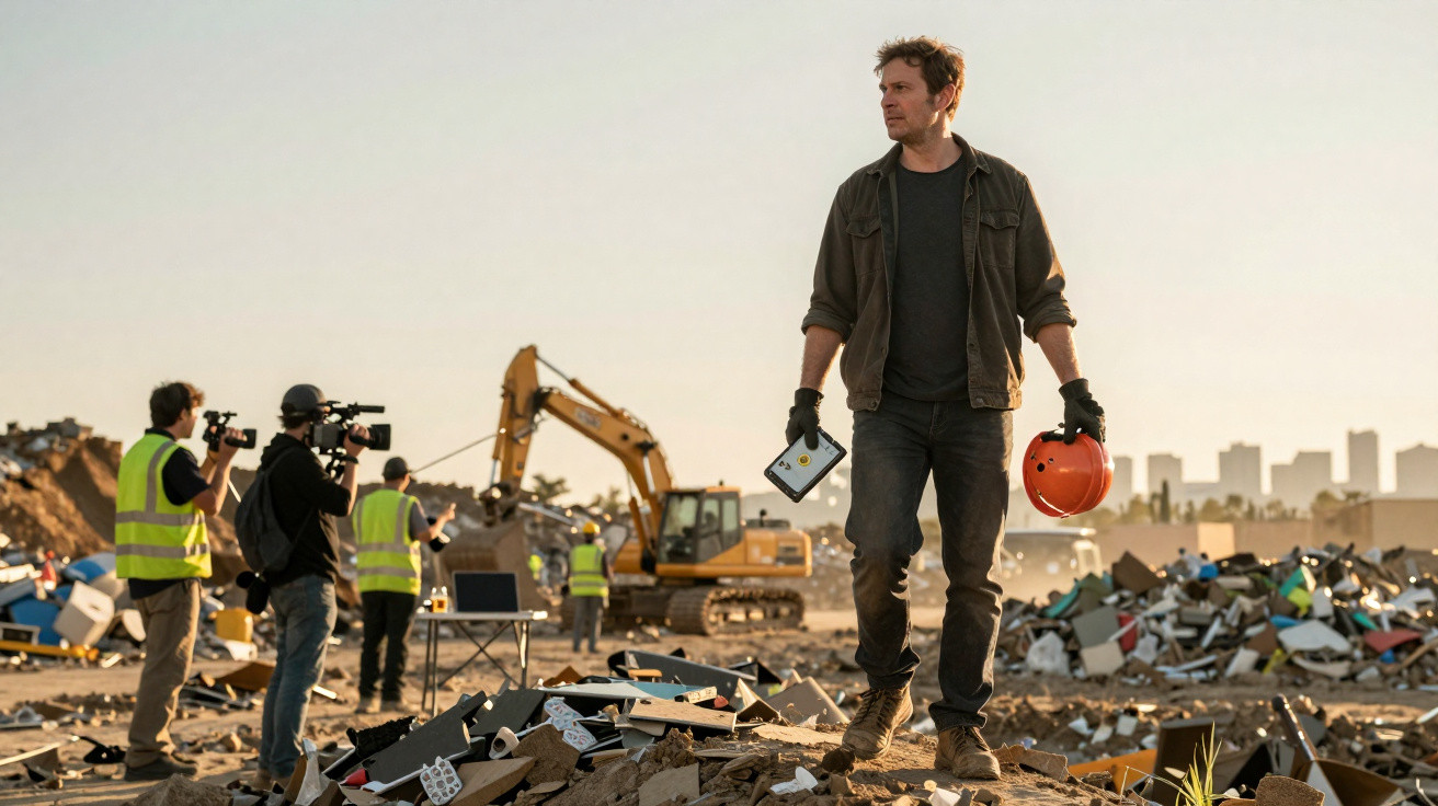 Man in workwear holding a helmet and tablet standing on rubble at a construction site with cameras and machinery.