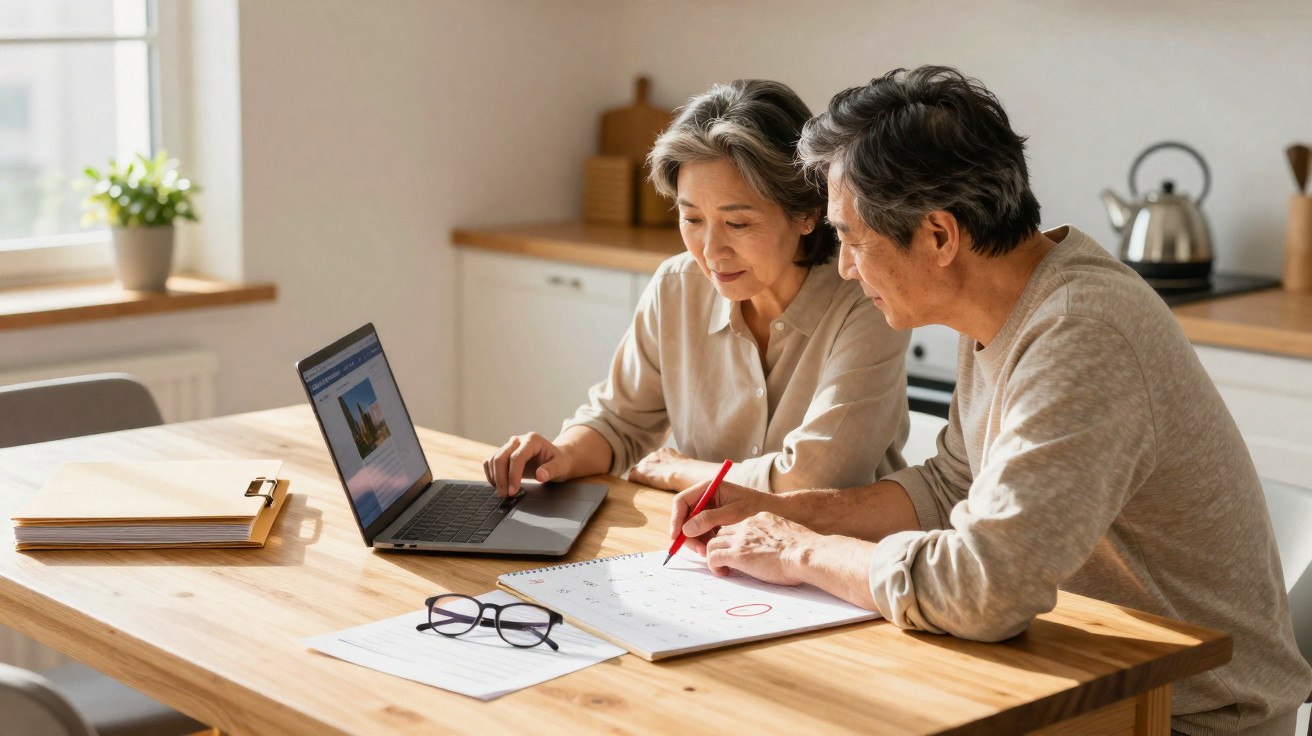 Elderly couple planning on calendar together with laptop and documents in a bright kitchen.