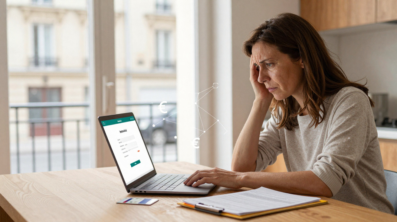 Worried woman using laptop at table with credit cards and documents, checking online finances at home.