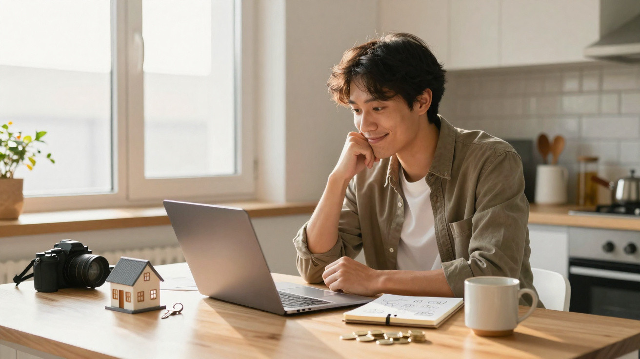 Young man sitting at kitchen table working on laptop with house model and camera nearby in daylight.