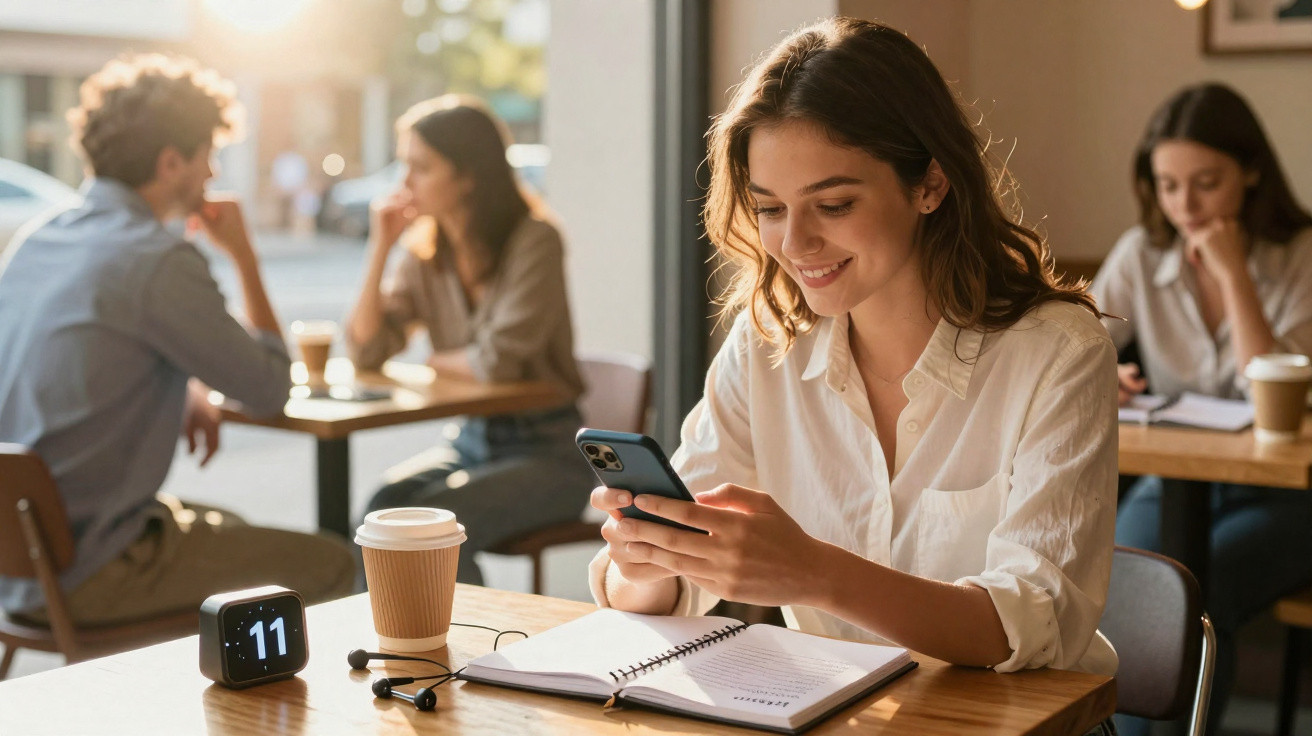 Young woman smiling at phone with notebook, coffee and clock showing 11 in bright café setting.