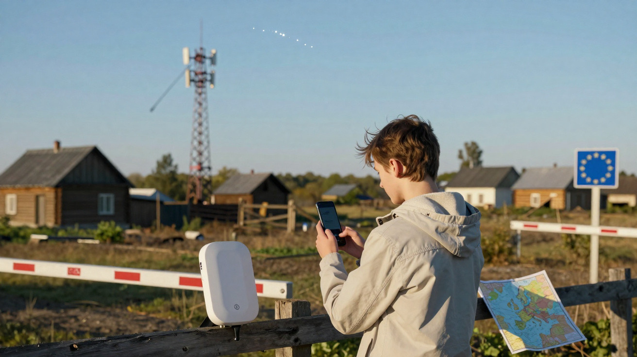 Boy in beige jacket using smartphone near a rural border crossing with wooden houses and a European Union sign.