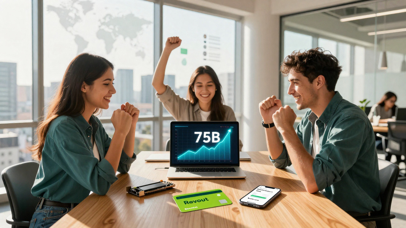 Three young professionals celebrate a rising graph reading 75B on a laptop in a bright office.