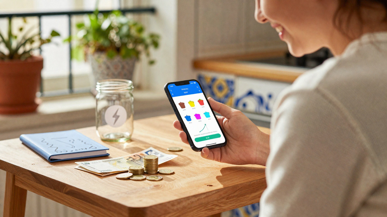 Person holding smartphone showing budgeting app, with coins, notes, jar, and notebook on wooden table.