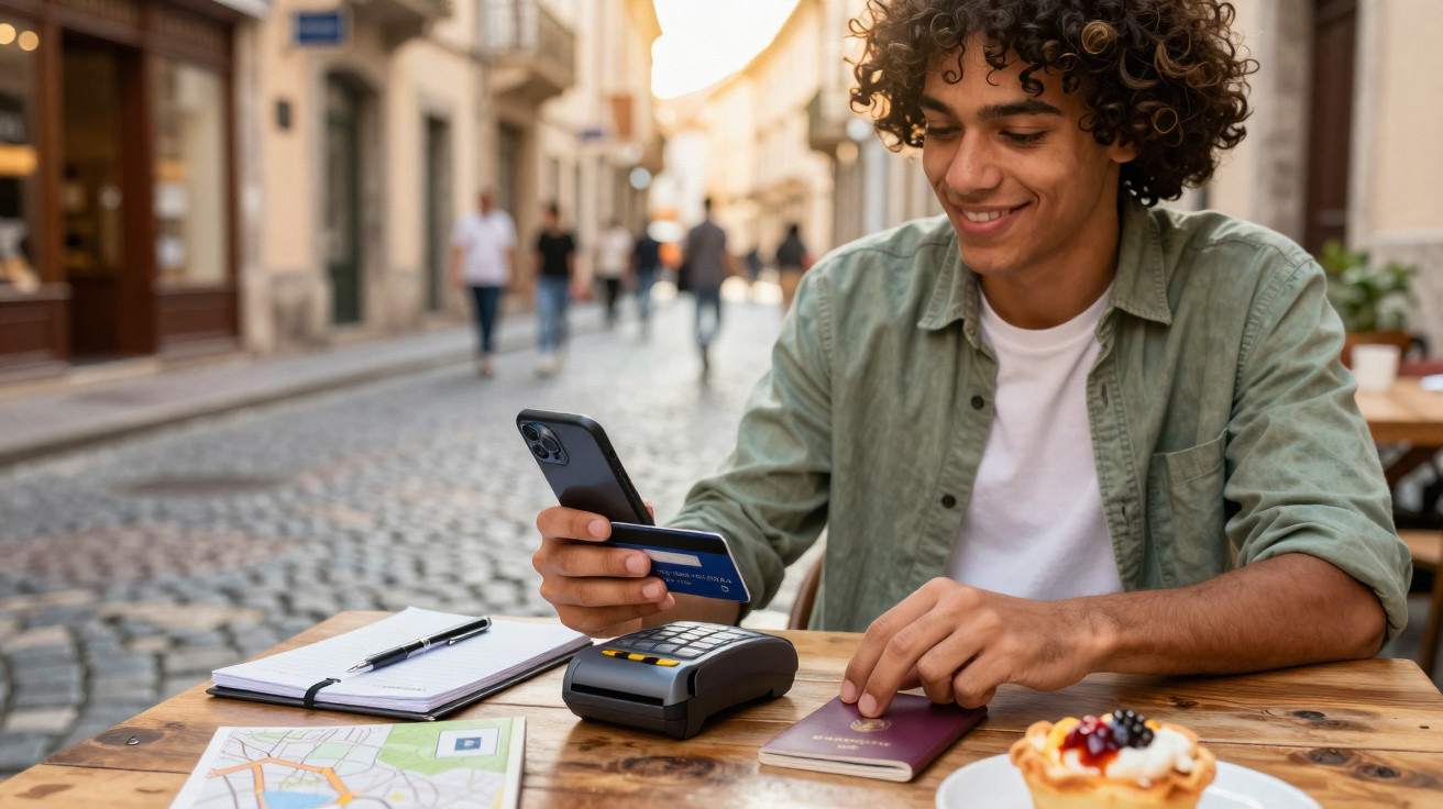 Young man using smartphone for contactless payment at outdoor café with map, passport, and dessert on table.