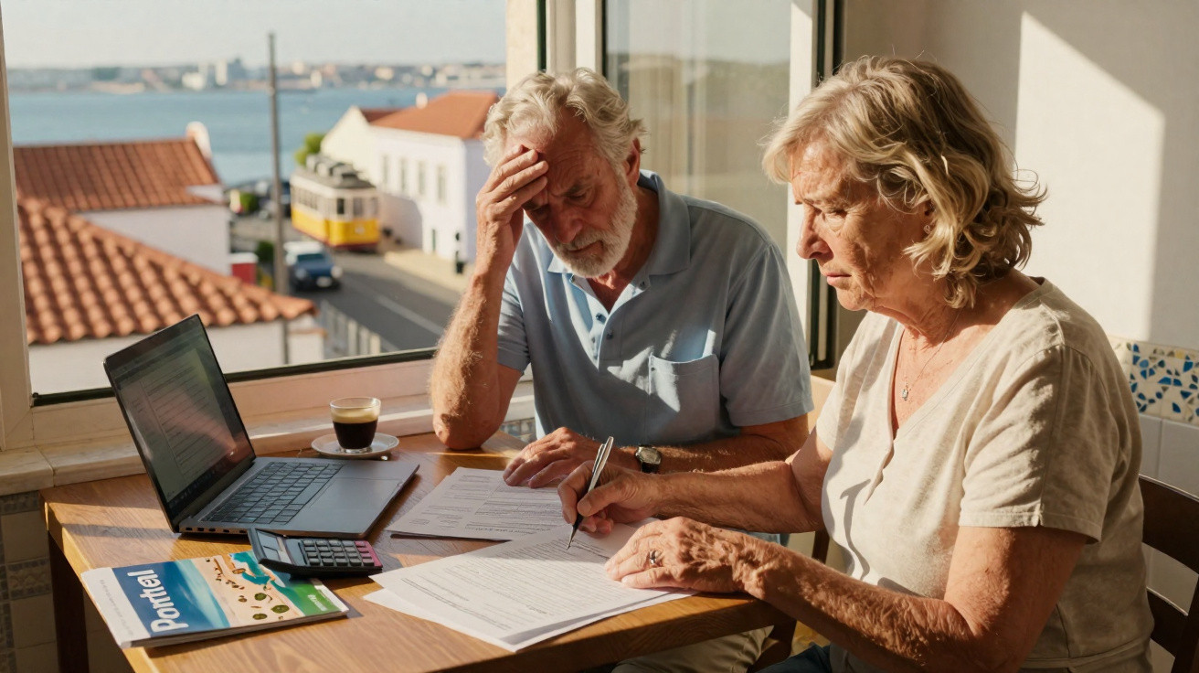 Elderly couple sitting at a table by the window, reviewing documents with a laptop and calculator nearby.