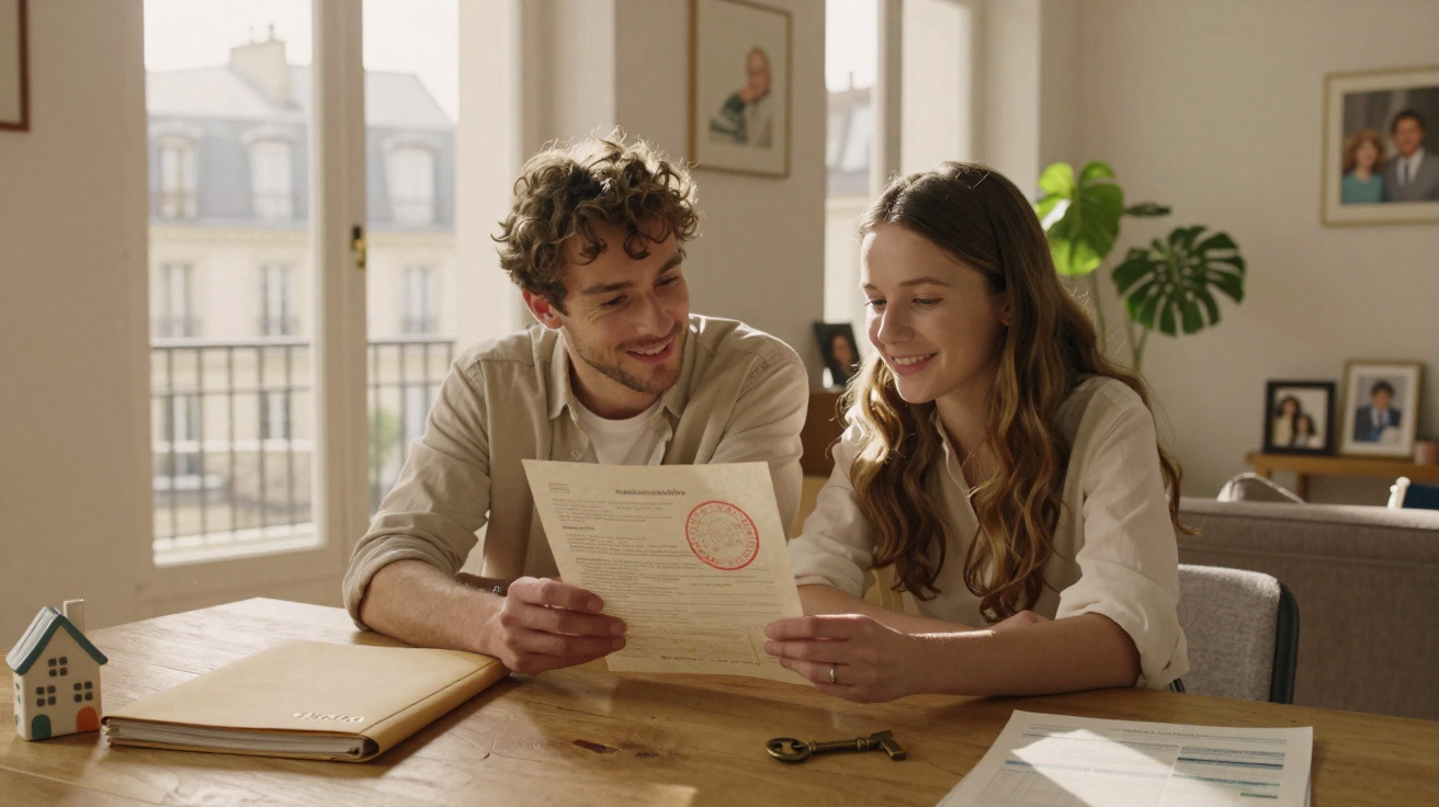 Young couple sitting at a table reviewing documents with a vintage key and house model nearby in a bright room.