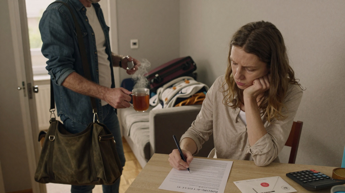 Woman focused on paperwork at table while a man stands nearby holding a steaming cup of tea.