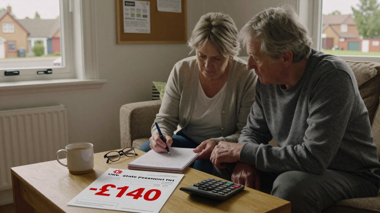 Elderly couple sitting at a table, reviewing paperwork with a calculator and a notice showing -£140.