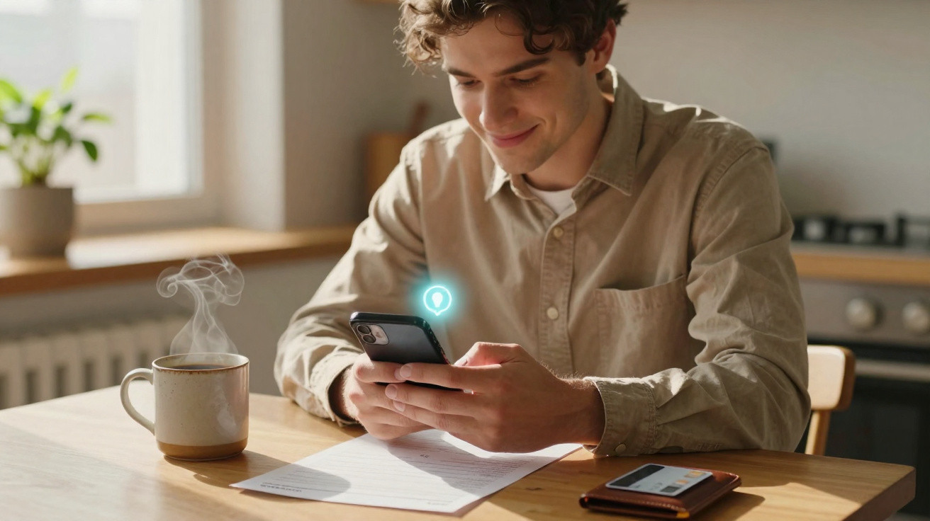 Young man sitting at a table using smartphone with steaming cup of coffee and documents in a bright kitchen.