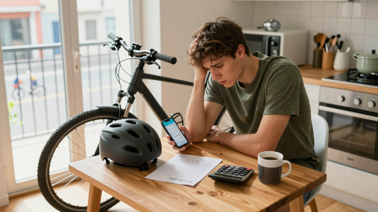 Young man sitting at a table with a bike helmet, smartphone, documents, calculator, and coffee in a kitchen.