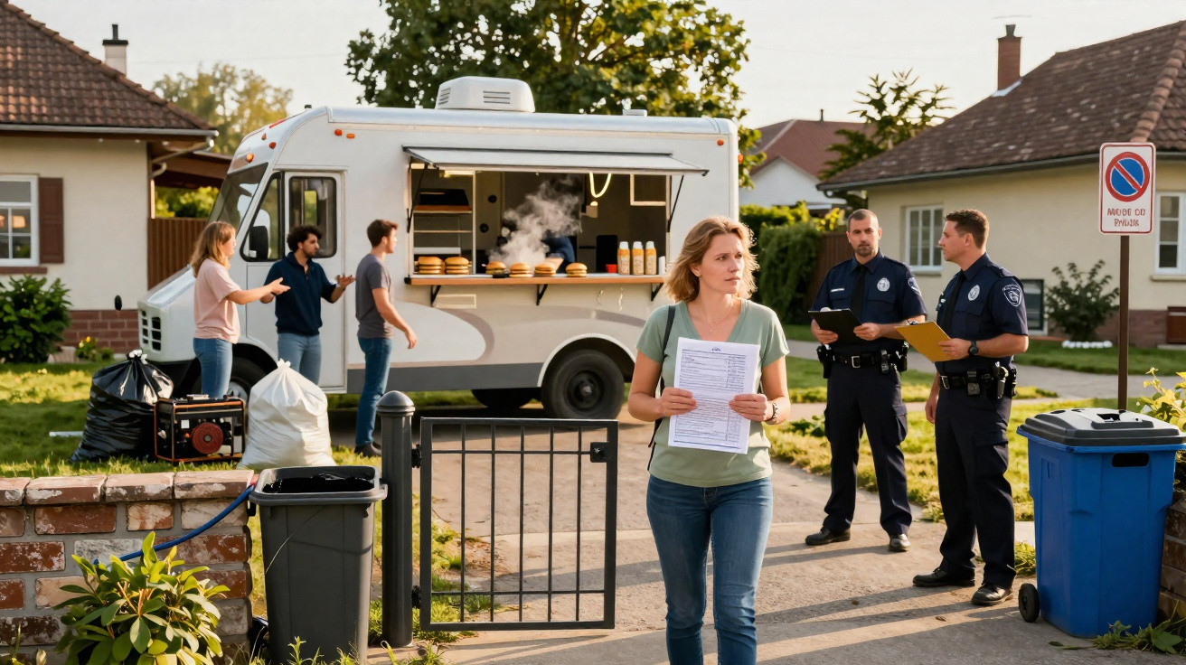 Woman holding papers near two police officers talking by a food truck with customers in a residential neighbourhood.