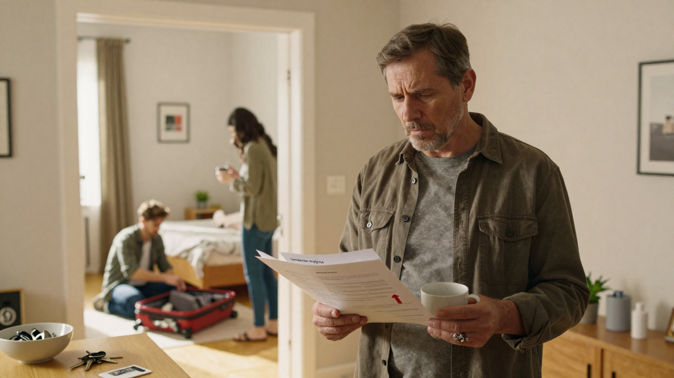 Man reading documents with worried expression while a woman and young man pack a suitcase in the background.