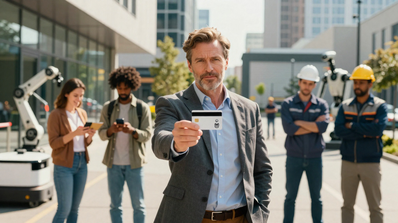 Confident businessman presenting a credit card with diverse professionals and robots in an urban tech environment.