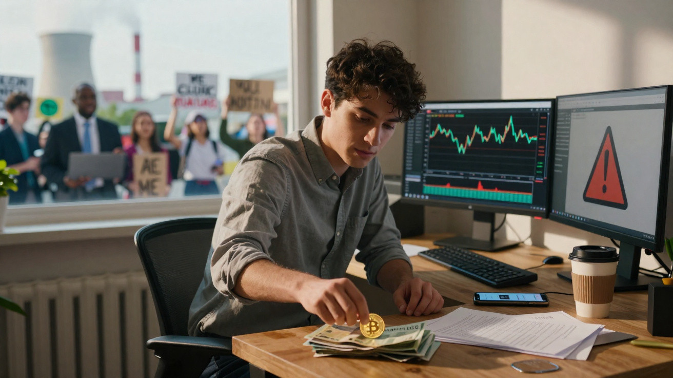 Young man holding a bitcoin coin over cash with computer screens showing financial data and warning signs nearby.