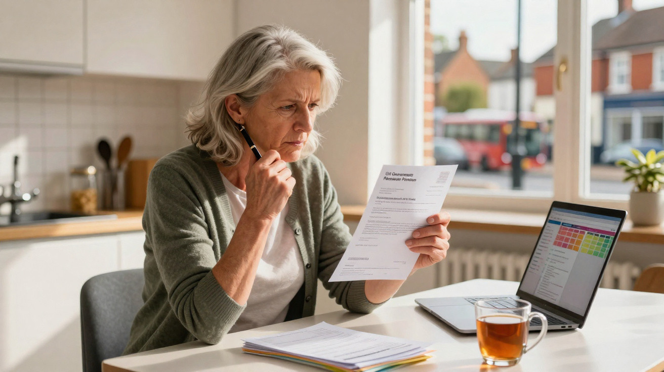 Older woman reading a document at a kitchen table with a laptop and cup of tea, looking concerned.