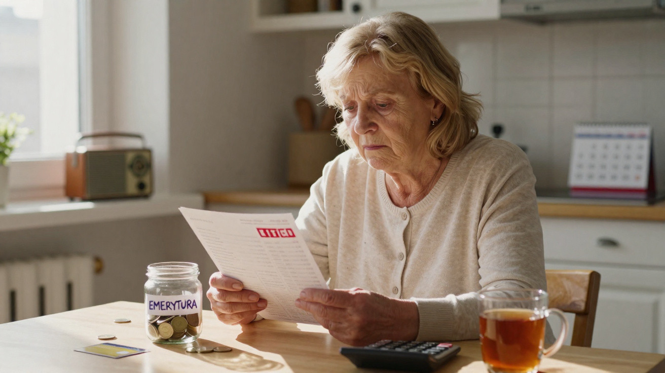 Elderly woman in kitchen reading a bill with a jar labelled "emerytura" and a cup of tea on the table.