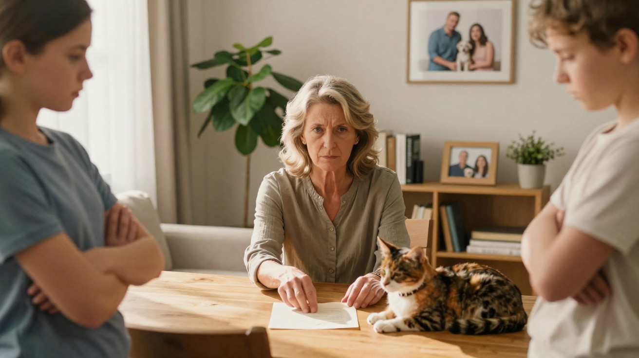 Mature woman looks serious while sitting at table with letter, two children stand with arms crossed, cat nearby.