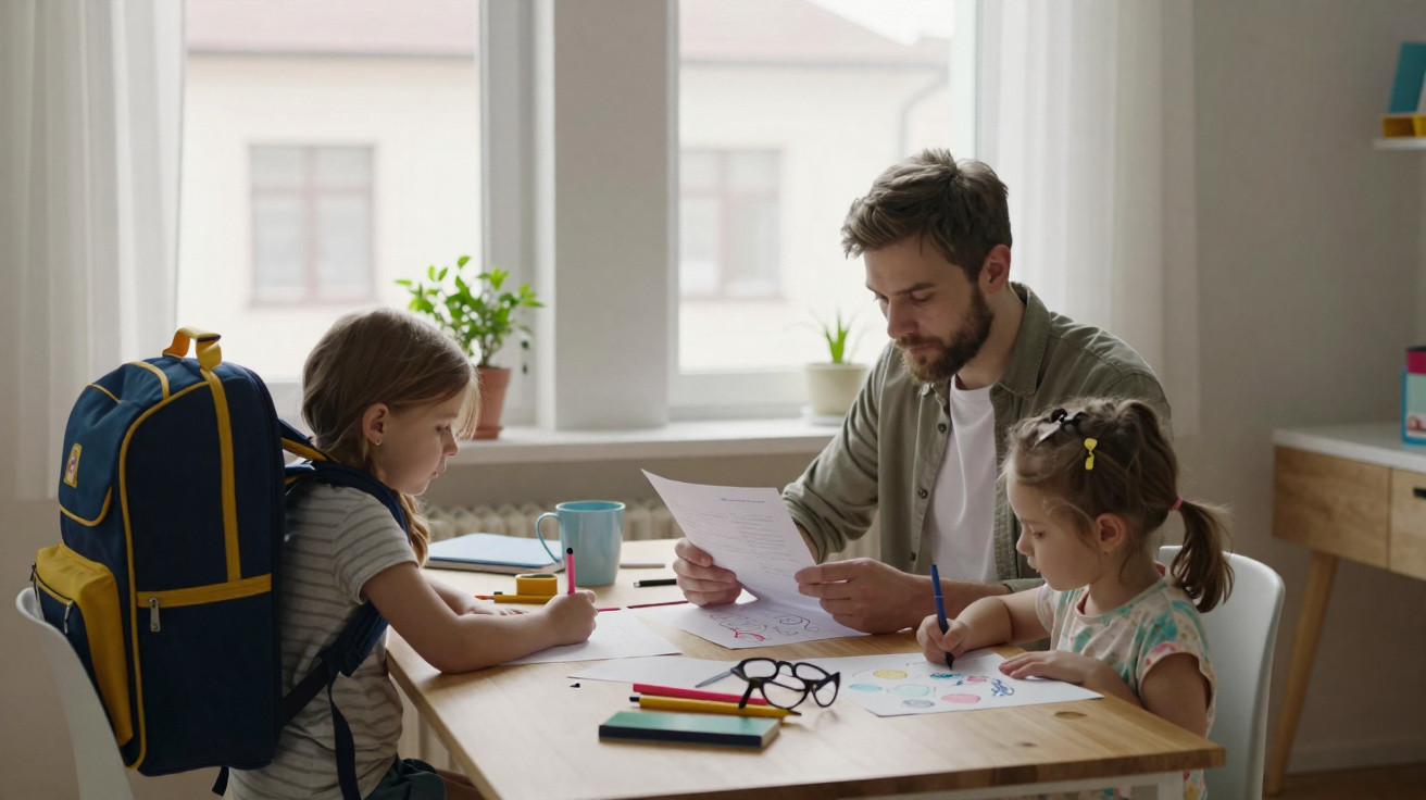 Father helping two young daughters with homework at a wooden table in a bright room with large windows.