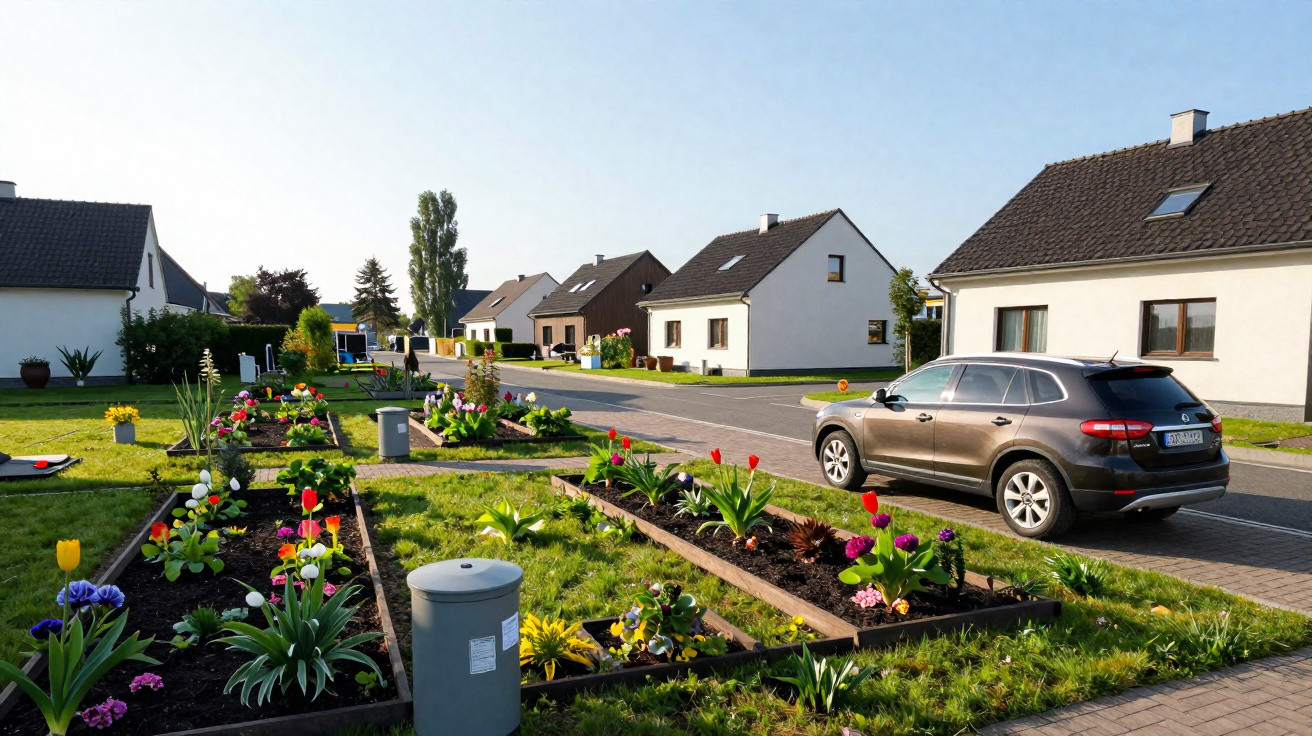 Quiet suburban street with manicured flower beds, parked car, and modern detached houses under clear sky