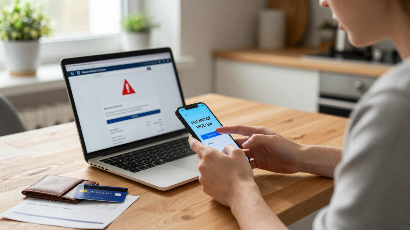 Person holding smartphone with confirmation message, laptop showing warning alert, credit card and documents on wooden table.