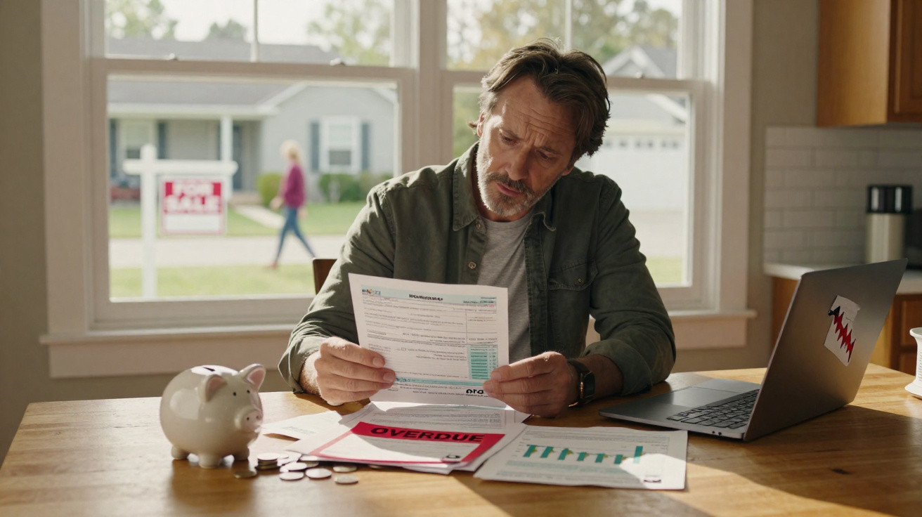 Man sitting at a table reviewing bills with overdue notice, coins, piggy bank, and laptop in a bright room.