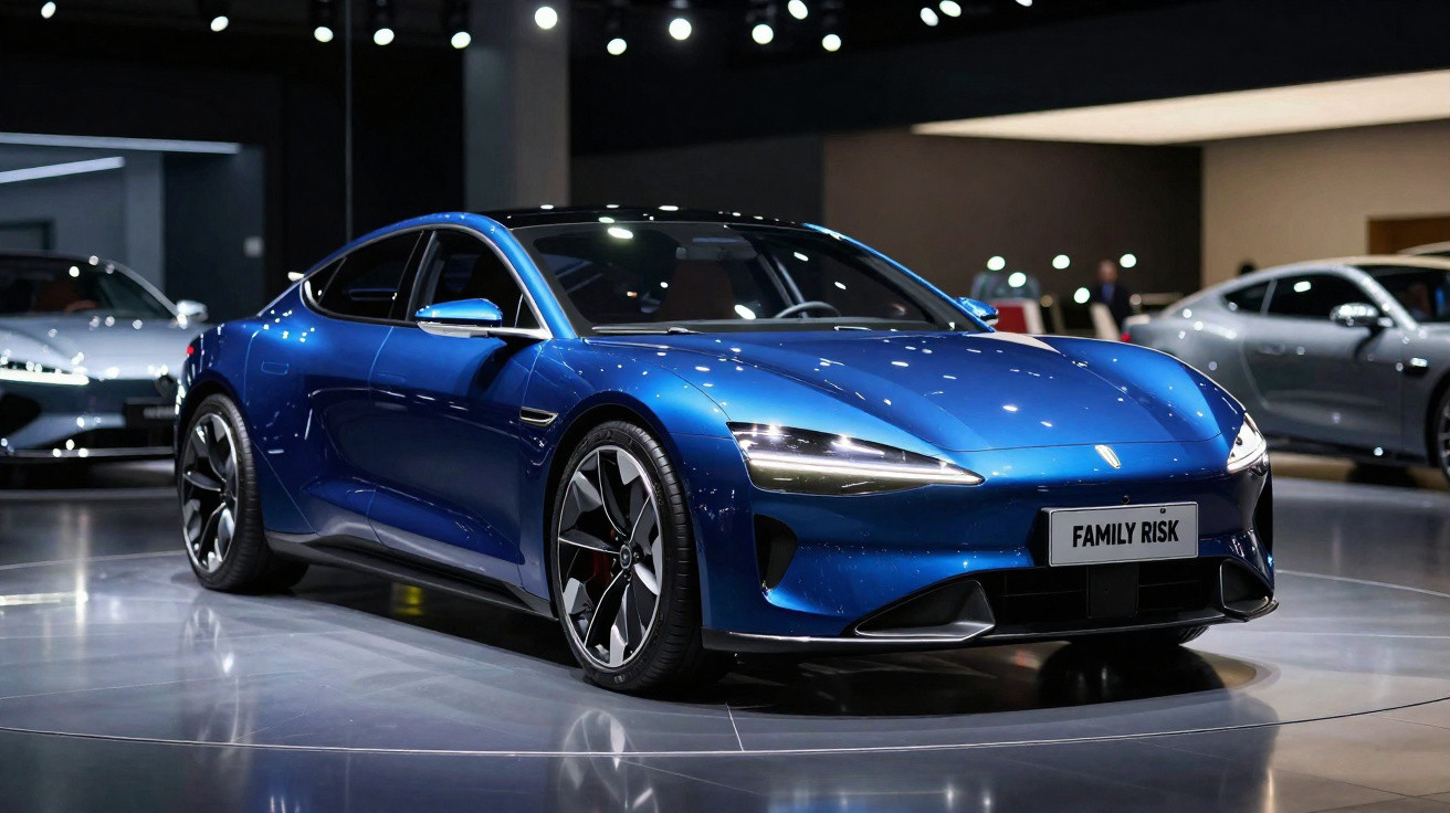 Sleek blue electric sports car showcased in a modern exhibition hall with reflective flooring and ambient lighting.