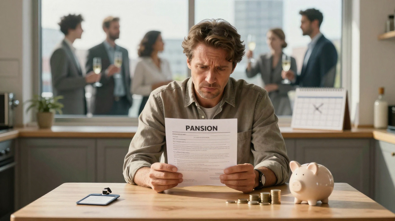 Worried man reading a pension document at a table with coins and a piggy bank, while people socialise in the background.