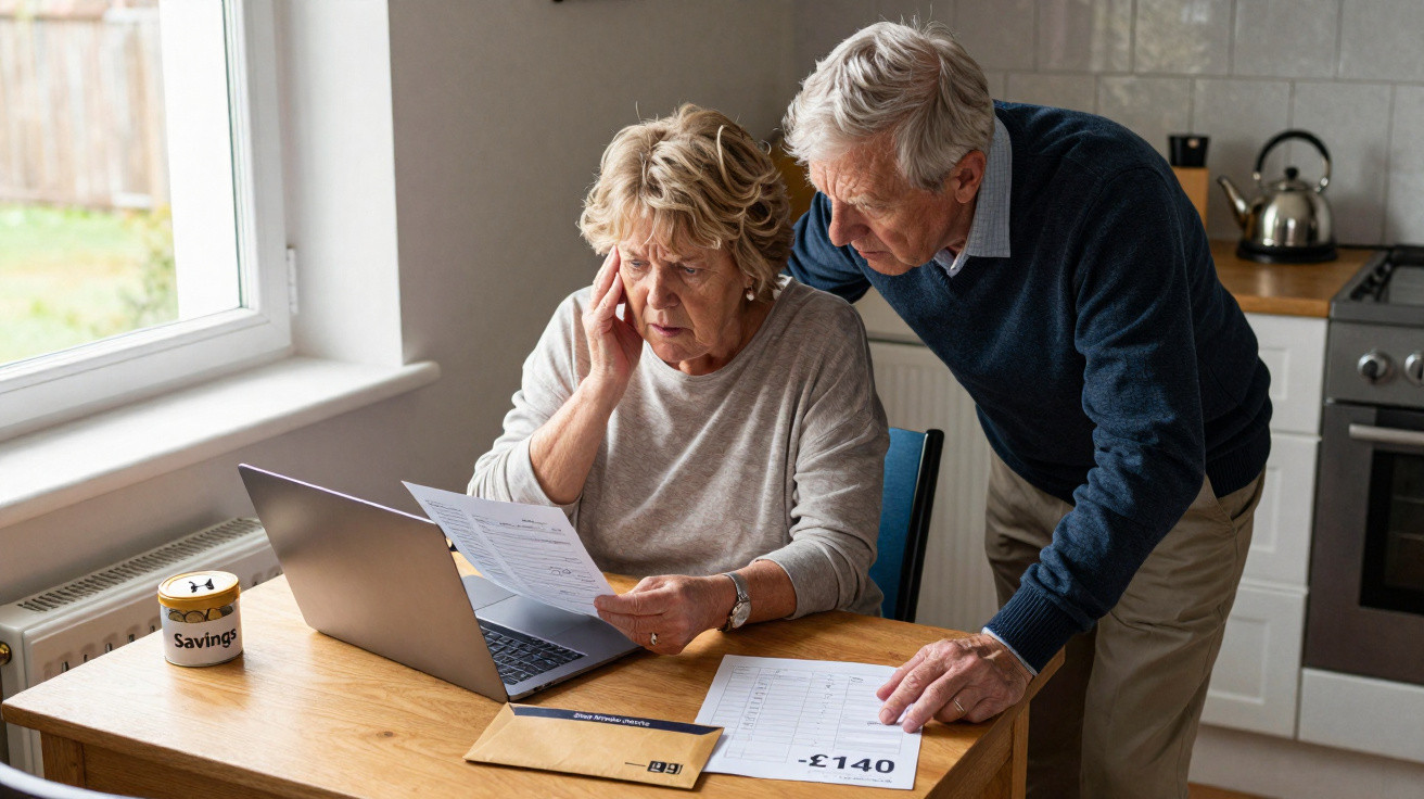 Elderly couple looking worriedly at bills and laptop in a kitchen, managing their finances.