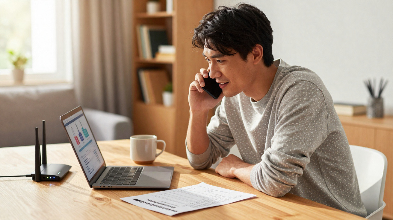 Man talking on phone while working on laptop with graphs and documents at wooden table in bright room