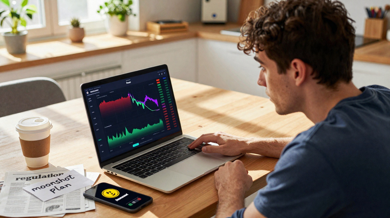 Young man analysing financial charts on a laptop at a wooden desk with coffee and phone nearby