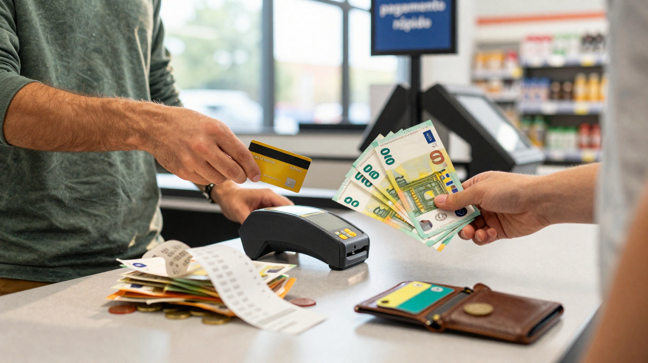 Two people at a checkout counter, one holding a credit card, the other handing over euro banknotes.